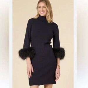 Tyler Boe Navy Knit Dress with Black Racoon Fur Cuffs. NWT. Size Small